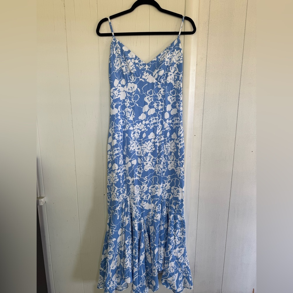 Abercrombie Blue& White mermaid low back spaghetti strap cocktail midi dress-MED